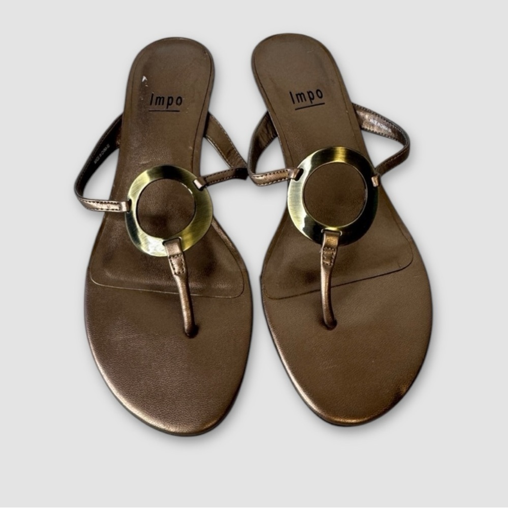 Vintage Impo 90s Y2K Bronze Metallic Straps Low Heel Slip On Sandals Size 7M